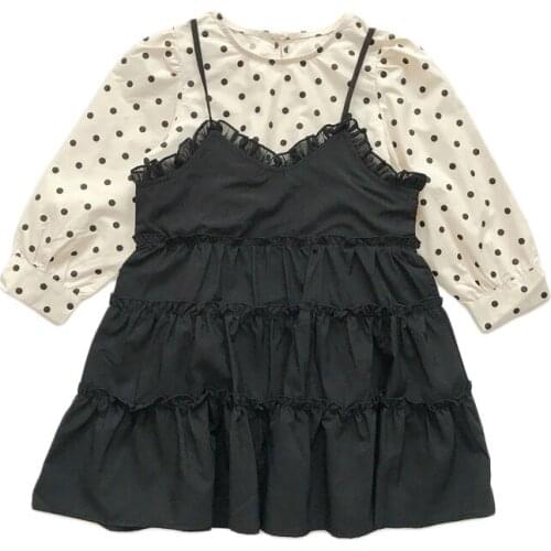 DFXD Autumn Toddler Girls Clothing Sets Cotton Costume 2PC Kids Sets Long Sleeve Dot Shirts Tops+Sling Layered Skirt 2-7Years