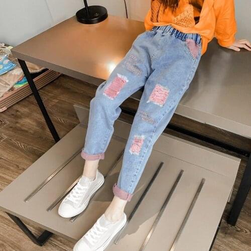 Spring Autumn Children Ripped Hole Girls Skinny Denim Jeans Pattern Baby Kids Cartoon Elastic Waist Pants For Kids 3-13 Years