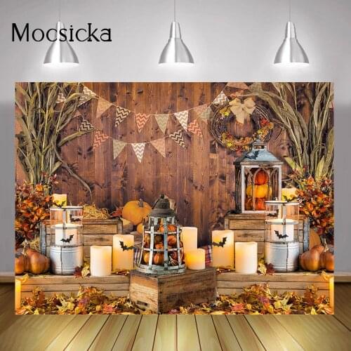 Autumn Thanksgiving Backdrop Pumpkin Rustic Wood Floor Barn Background Bat Maple Leaves Candle Kid Birthday Portrait Photography