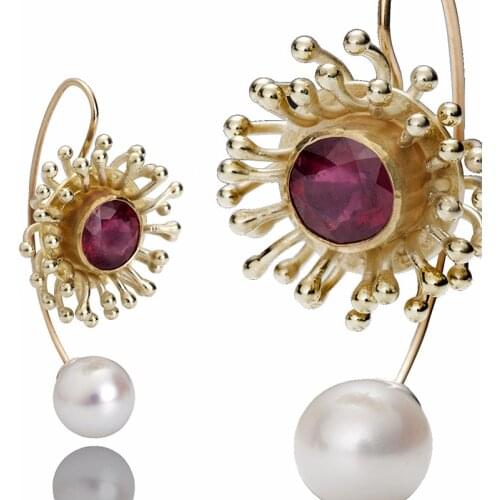 Exquisite Golden Flower Detachable Pearl Earrings Luxury Wedding Jewelry Red Crystal Zircon Stone Earrings Lady Gift