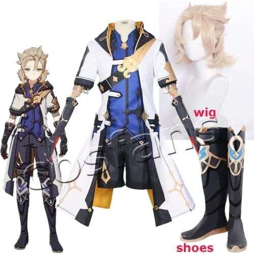 Game Genshin Impact Alchemist Albedo Cosplay Costume Men Fancy Uniforms Top Pants Coat Halloween Outfits Albedo Cosplay Wig 35cm