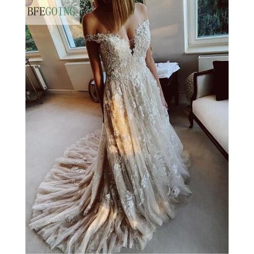 Ivory Lace Champagne Satin Off The Shoulder Floor-Length A-Line Wedding Dresses Chapel Train Bridal Gowns Custom Made