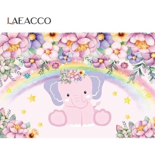 Laeacco Elephant Rainbow Flower Photography Background Newborn Baby Shower Birthday Party Photo Backdrop For Photo Studio