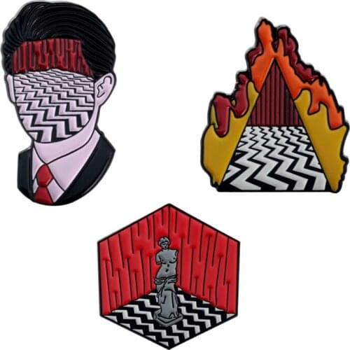 Fashion Twin Peaks Black And White Stripes Character Mountain Cube Enamel Metal Brooches Lapel Pins Badges For Women/Men Fans