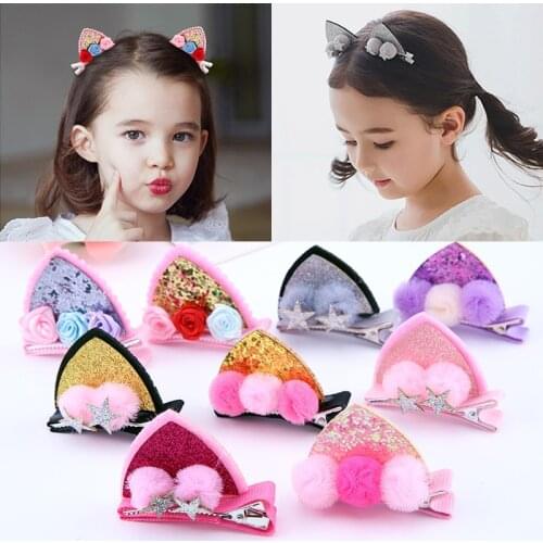 2pcs/Set Cute Hair Clips For Girls Glitter Rainbow Felt Fabric Flowers Hairpins Cat Ears Bunny Barrettes Kids Hair Accessories