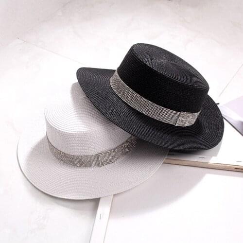 New Sun Hat Fashion Rhinestone All-Match Straw Hat Retro Gold Braided Hat Female Anti-UV Flat Beach Hat Visors Hats Church Hat