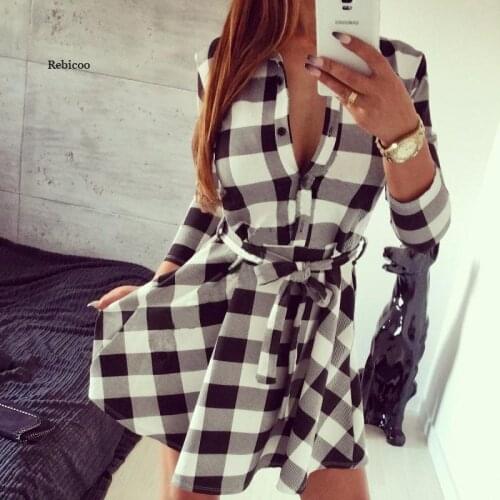 Autumn Black and White Plaid Three-Quarter Sleeve Bandage Shirt Dress Women