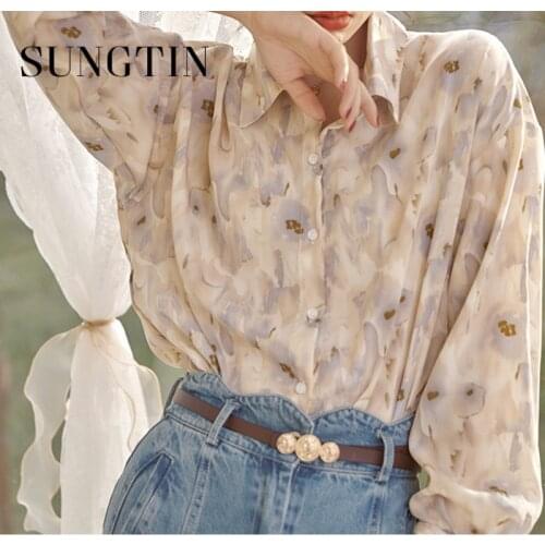 Sungtin Casual Print Loose Blouse Shirt for Women Elegant Long Sleeve Thin Blouse Summer Fashion Button Up Shirt Camisas Mujer
