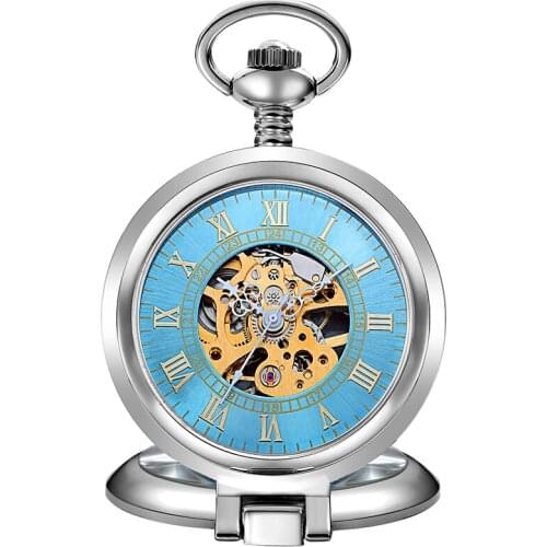 Luxury Sliver Blue Mechanical Pocket Watch for Men Women Steampunk Skeleton Hollow Fob Chain Pendant Gold Golden montre de poche