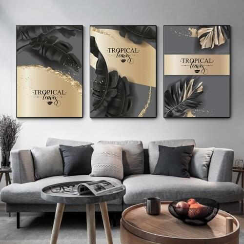 Nordic Black Golden Tropical Leaves Picture Wall Poster Art Mural Abstract Poster Picture for European Classical Room Decoration