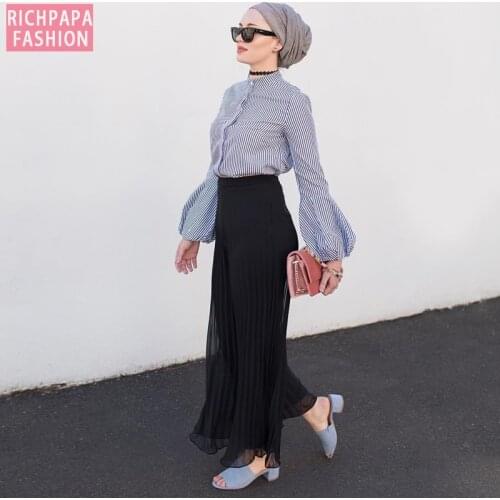 Spring Striped Arabic Turkey Manset Lace Crochet Long Tops Arabe Ropa Musulmana Mujer Turkiye Saudi Long Top Islamic Clothing