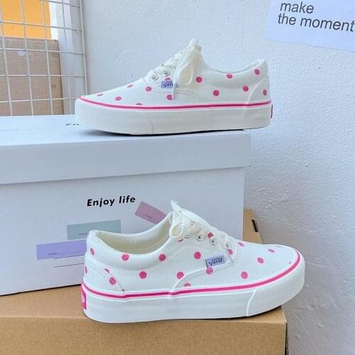 Japanese pink polka dot student canvas shoes round head shallow cross-strap skateboard shoes cute little white shoes