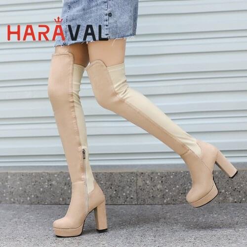 HARAVAL Women Pumps Shoes High Heels Motorcycle Boots Cow Suede Stretch Fabric Black Brown Airpot Round Toe Boot Shoes E372L