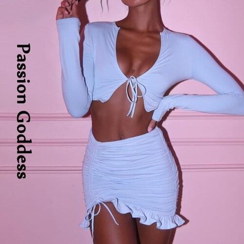 Sexy Sweet Women 2 Piece Sets Long Sleeve Bandage Knotted Tie Crop Shirts Drawstring Ruffles Bodycon Skirts Two Piece Party Suit