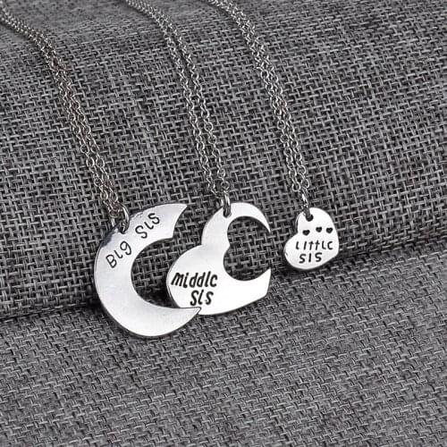 Best Friends necklace for 3 Big Sister Sis Middle Sister Sis Little Sister Sis Love Heart Charm Pendant Necklace Set for Girls