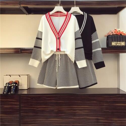 Amolapha Women V Neck Knit Striped Single Breasted Cardigans+Shorts Sets Knitted Long Sleeve Tops Coats Short Pants Suits