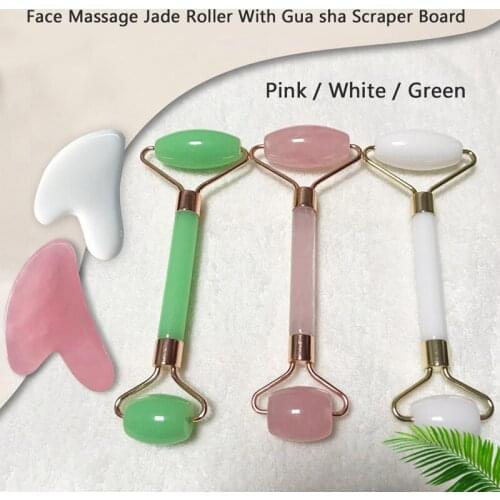 2pcs/Set Quartz Jade Stone Face Massage Roller Gua Sha Scraper Board Face Guasha Kamien Gua Sha Stone For Face Massage Rose