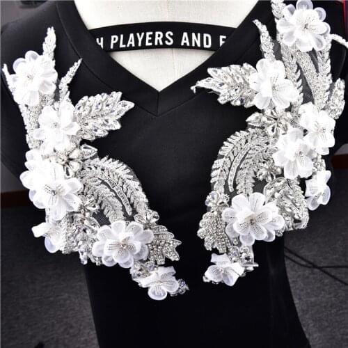 1pair Rhinestone Appliques For Wedding Belt silver Crystal Beads Sew On Full dress Rhinestone mesh Appliques Bridal Accessories