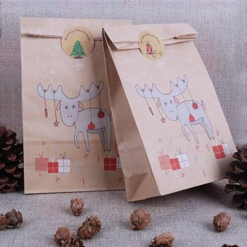 12pcs Christmas Elk Fox Kraft Paper Bags New Year Party Candy Cake Cookies Gift Bags for Home Xmas Santa Presents Decorations