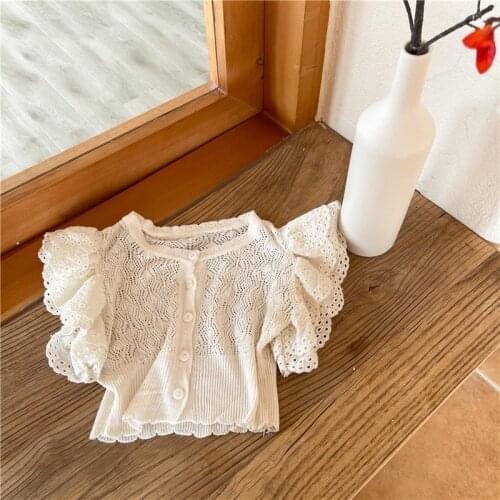 2021 Summer Korean Style Baby Girls Knitted Hollow Out Cardigan Toddlers Kids Lace Ruffles Thin Sweaters Princess Tops