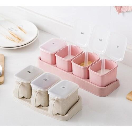 3/4Grid Seasoning Box Kitchen Spices Pots Pepper Salt Storage Container Condiment Jars with Cover and Spoons Kitchen Tools