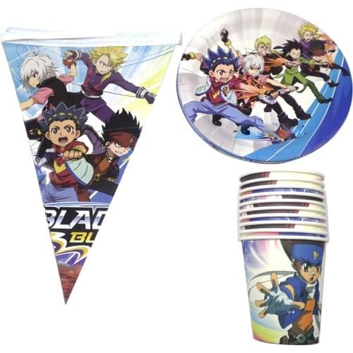 Happy Birthday Party Beyblade Burst Plates Dishes Baby Shower Flags Cups Decorate Hanging Banner Boys Favors Tableware Set 60PCS