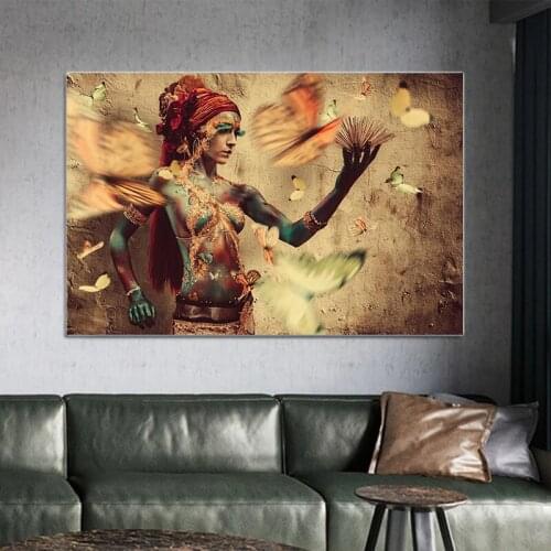 African Beautiful Girl with Special Effects Makeup Butterfly Canvas Painting Posters and Prints Wall Art Pictures for Home Decor