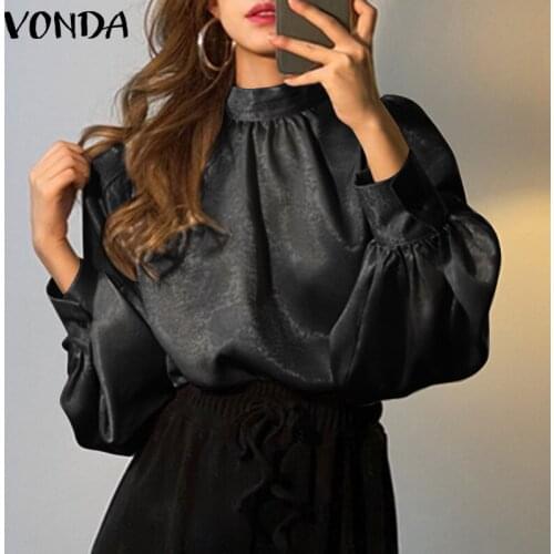 VONDA Women Blouses Spring Long Sleeve Mock Neck Chiffon Blouses Bohemian Party Blusas Femininas Plus Size Elegant Office Shirts