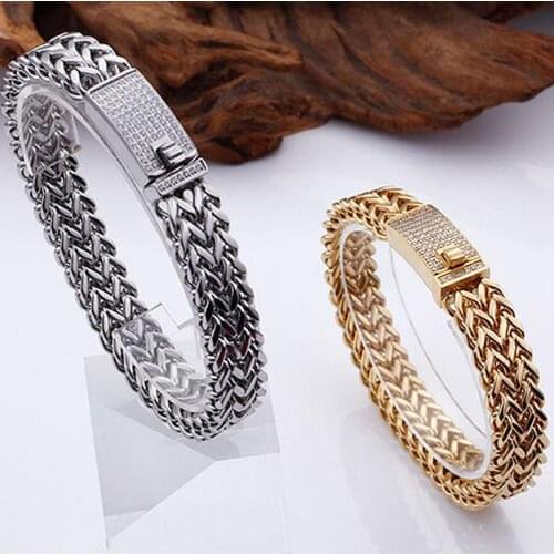 12MM Wide 9.05" New Fashion Mens Silver Color/Gold Color 316L Stainless Steel Figaro Chain Mens Punk Rhinestone Buttons Bracelet