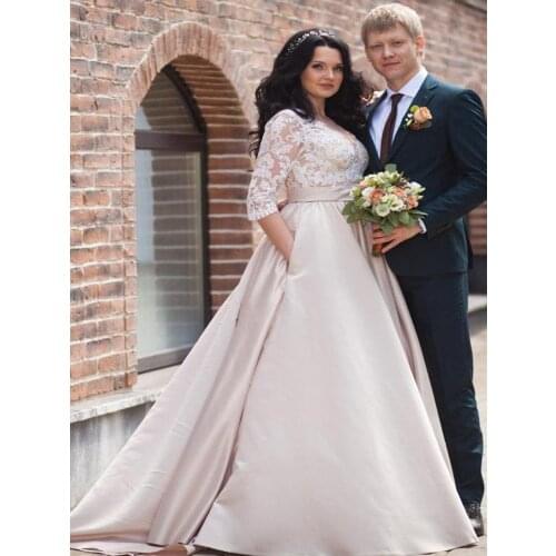 Beautiful V-Neck Illusion Long Sleeve A-Line Satin Plus Size Wedding Dress With Lace Appliques Bridal Gowns
