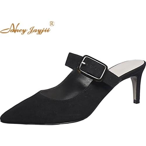 Summer Black&White Thin Heels Pointed Toe Sandals Woman Med Kitten Buckle Large Size 11 14 Beautyfeet Soft Leather Dress 2019