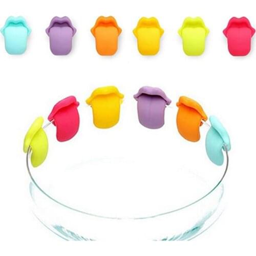 6PCS Wine Glass Marker Wine Charms Glasses Identifier Marker Cups Glasses Markers Silicone Glass Brand Tongue Shape Glasses Tags