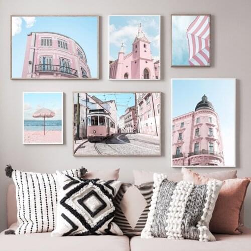 Sea Beach Tram Church Blue Sky Building Wall Art Canvas Painting Nordic Posters And Prints Wall Pictures For Living Room Decor