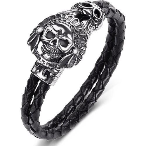 Punk Rock Genuine Leather Hand Bracelet for Men Stainless Steel Skull Male Braided Rope Wristbands Skeleton Jewelry Bangles P521