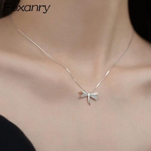 FOXANRY 925 Sterling Silver Clavicle Chain Necklace for Women Trendy Elegant Charming Sparkling Zircon Dragonfly Bride Jewelry