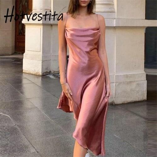Hotvestita 2021 New Summer Women Sexy Slip Dress Smooth Satin Bandage Backless Elegant Irregular Party Club A Line Midi Dresses