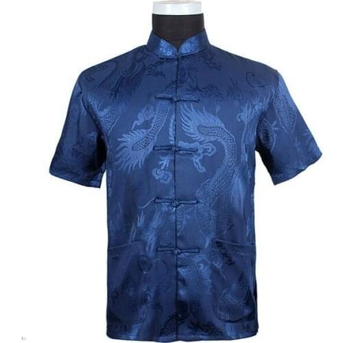 Navy Blue Chinese Men Summer Leisure Shirt High Quality Silk Rayon Kung Fu Tai Chi Shirts Plus Size M L XL XXL XXXL M061305