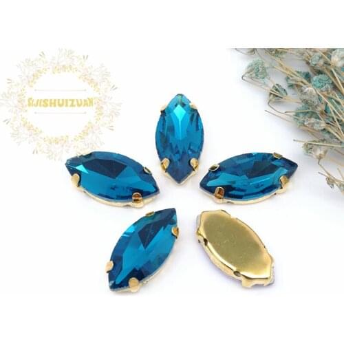 Classic style Peacock blue horse eye shape Glass Crystal sew on rhinestones with gold claw Diy shose accessories Free shipping