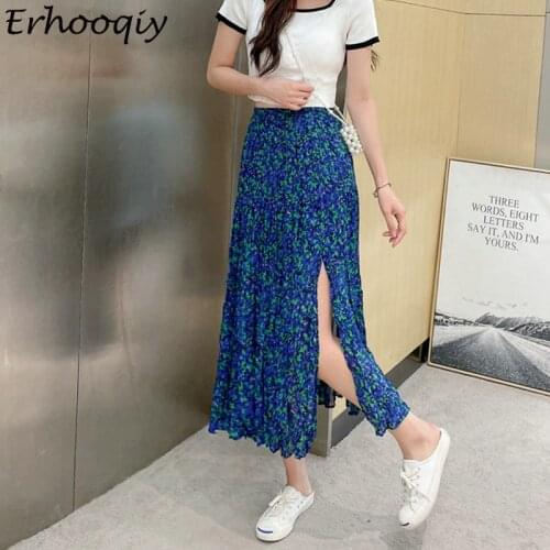 2021 Summer New Style Split Pleated Skirt Womens Midi All Print Floral Skirt Female Fashion Korean White A-Line Skirts Lady