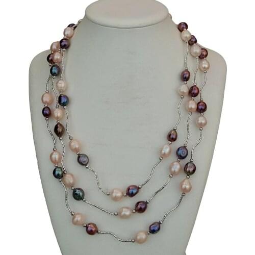 YYGEM 3 Strands Cultured Freshwater Pink Rice Pearl Black Baroque Pearl Silver charm Necklace 18.5"