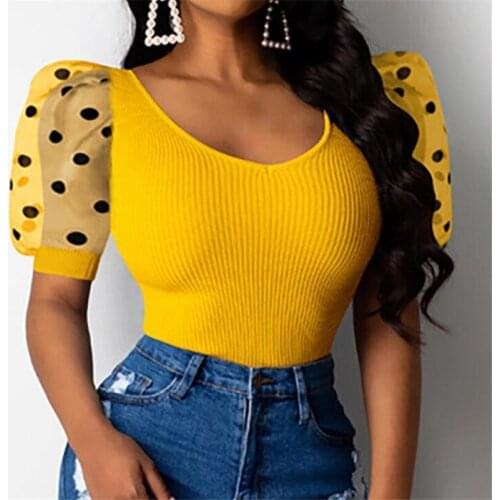 2021 New Women T-shirt Short Puff Sleeve Polka Dot Printed Skinny Elegant Fashion Round Neck Pullover Stylish T-shirt