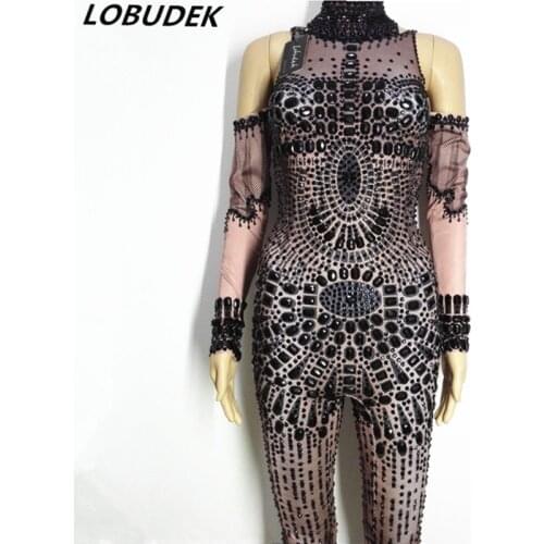 Plaid Printed Black Rhinestones Beads Jumpsuit Women Singer Fashion Stage Outfit Sexy Nightclub Bar Dancer Party Show DS Costume