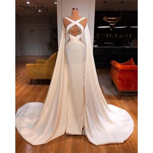 New Arrival Long Evening Dresses 2021 Skinny Elegant Sleeveless Ivory Satin Dubai Women Formal Evening Gowns With Shawl