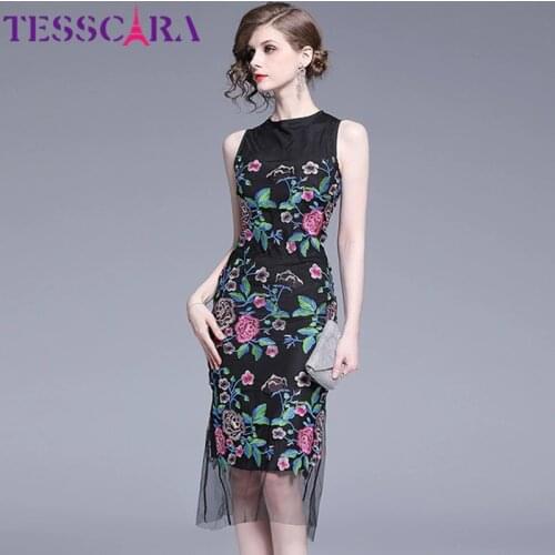 TESSCARA Women Summer Luxury Embroidery Mesh Dress Festa High Quality Elegant Party Robe Femme Vintage Floral Designer Vestidos