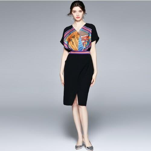 Summer Runway Women Cross V Neck Raglan Sleeve Vintage Print Satin Stitching Open Fork Office Ladies Casual Dress Vestidos k9120