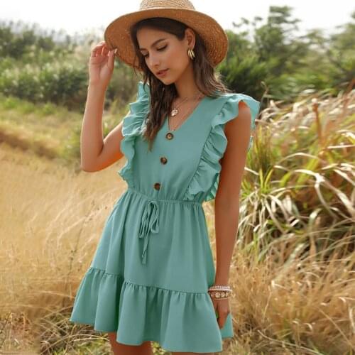 New Fashion Solid Ruffle Mini Dress Women V Neck Button Blue Tunic High Waist Casual Dress Summer Sleeveless Beach Dresses Femme