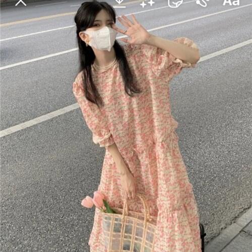 Dress Temperament Design Sense Round Neck Short-sleeved Floral Dress Female Summer New Skirt Korean Style High Waist Long Skirt