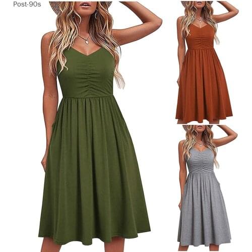 Beach Boho Solid color Dress 2021 New Sexy V-neck Sleeveless Loose A-Line Dress Summer Women Casual midi Sling Dresses Vestidos