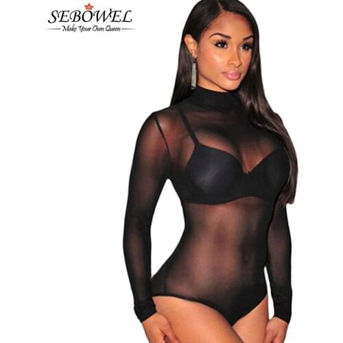 SEBOWEL Sexy Black Mesh Unlined Bodysuits Women Long Sleeve See Through Bodysuit Bodycon Female Mesh Club Jumpsuits Body Suits