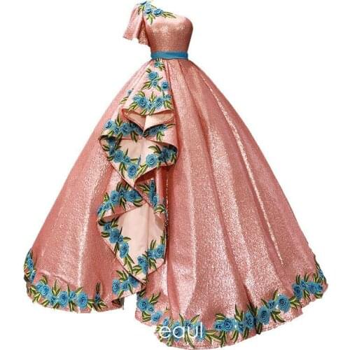 Pink Sequin Flowers Appliques Prom Dresses 2021 Ball Gown Long One Shoulder Formal Evening Dress Lace-up Back Robe De Soiree